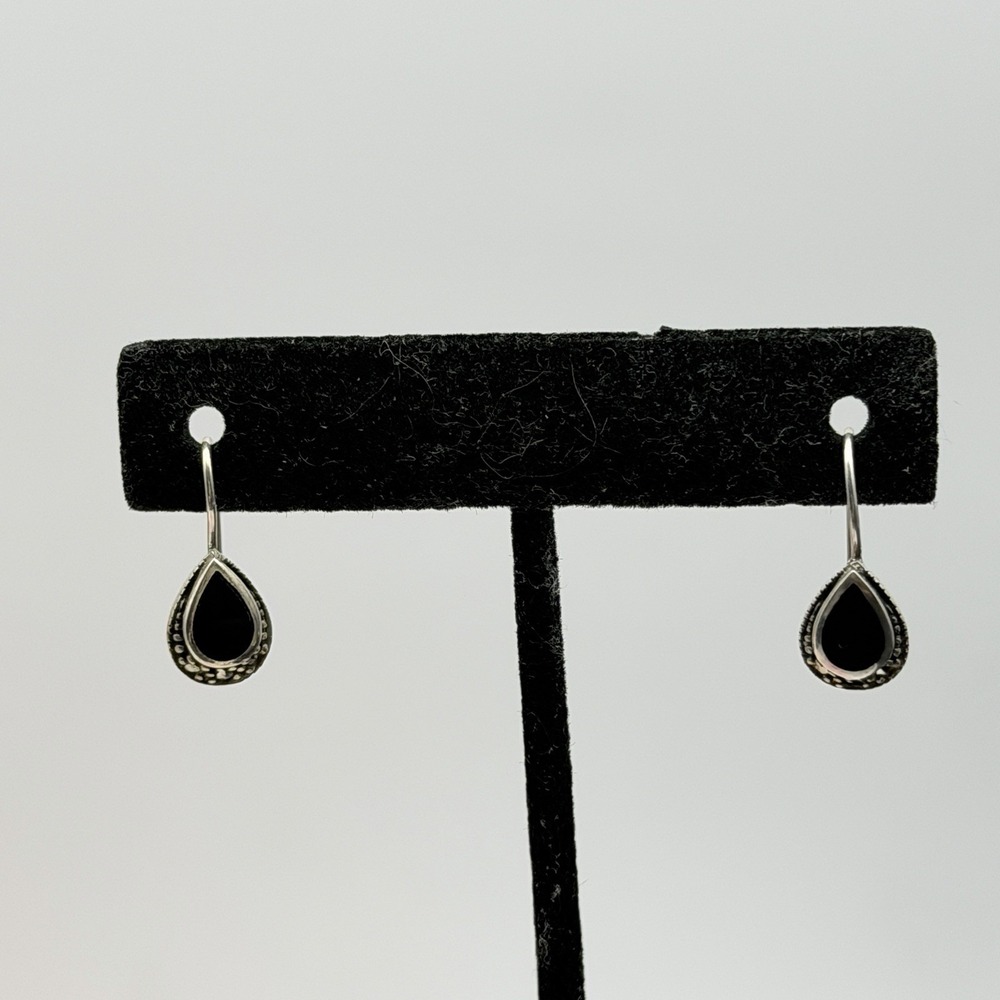 Vintage Sterling Silver 925 Inlaid Black Onyx & Marcasite Drop Earrings
